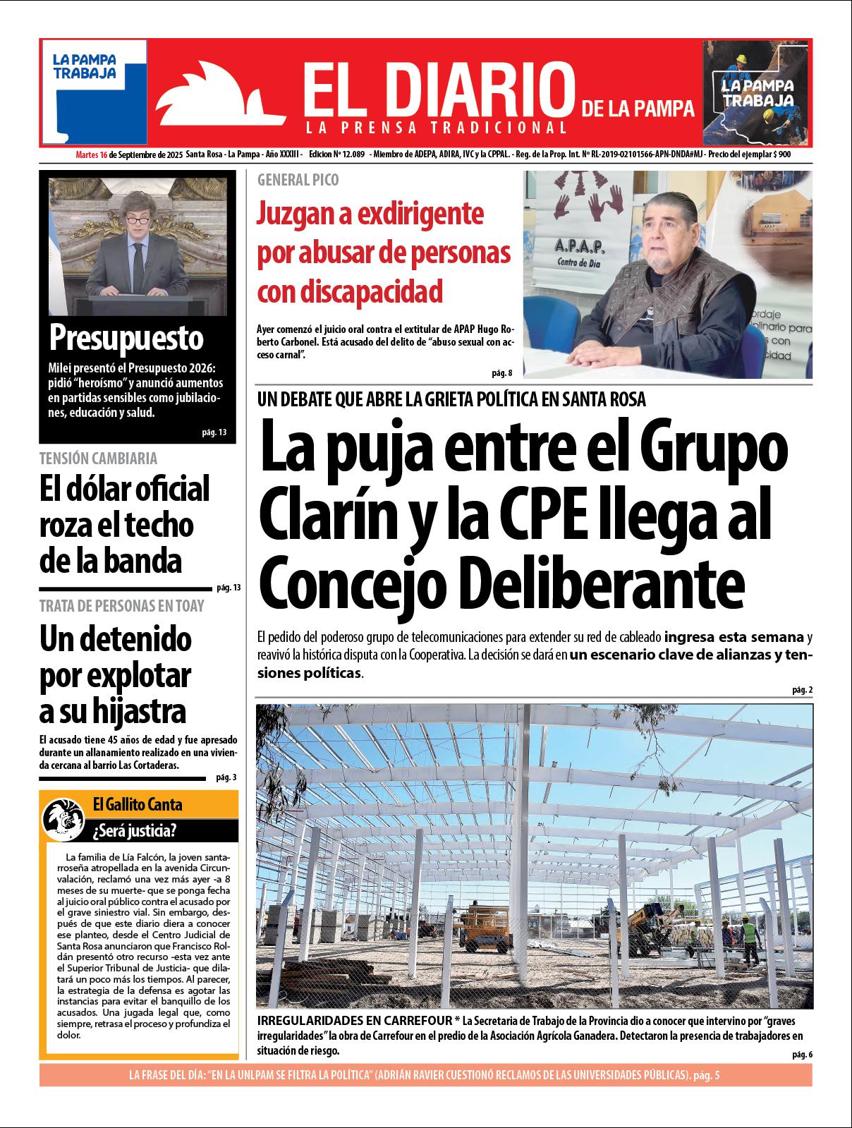 Tapa de El Diario en papel  martes 16 de septiembre de 2025
